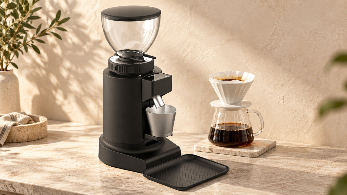 Ceado E6P Brewing grinder beside a white filter brewer and glass coffee server