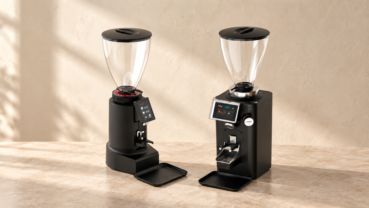 Ceado Leon 700 PFA and REV Zero grinders side by side on a stone counter