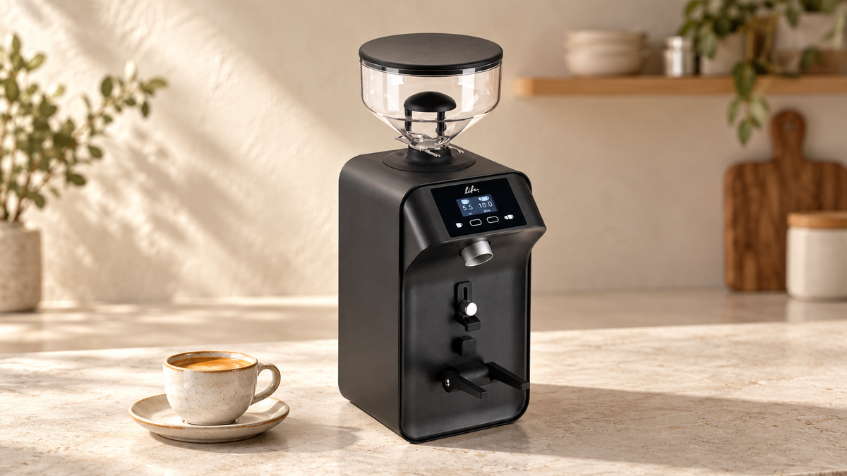 Ceado Life S grinder on a light kitchen counter beside a cup of espresso