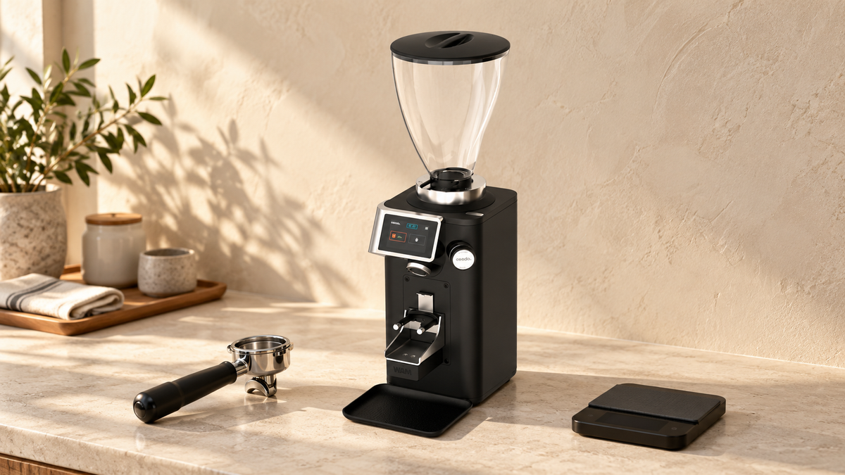 Ceado REV Zero on a stone counter beside an espresso portafilter and coffee scale