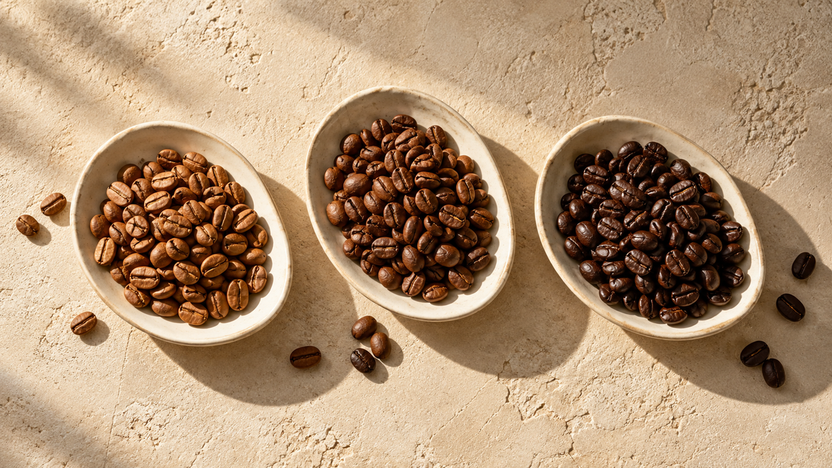Three ceramic dishes holding coffee beans in progressively darker shades on a warm stone surface