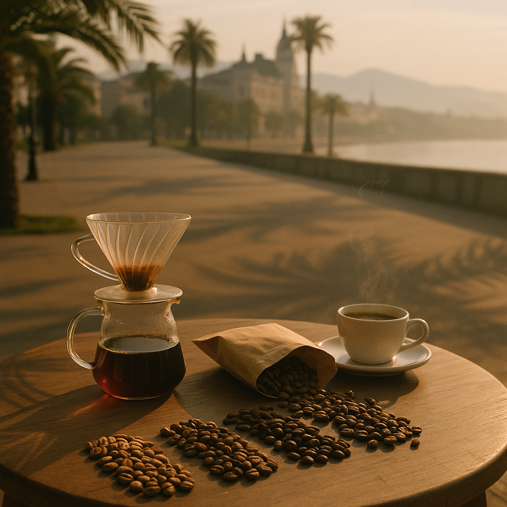 Coffee beans, V60 and glass of coffee with a sea view
