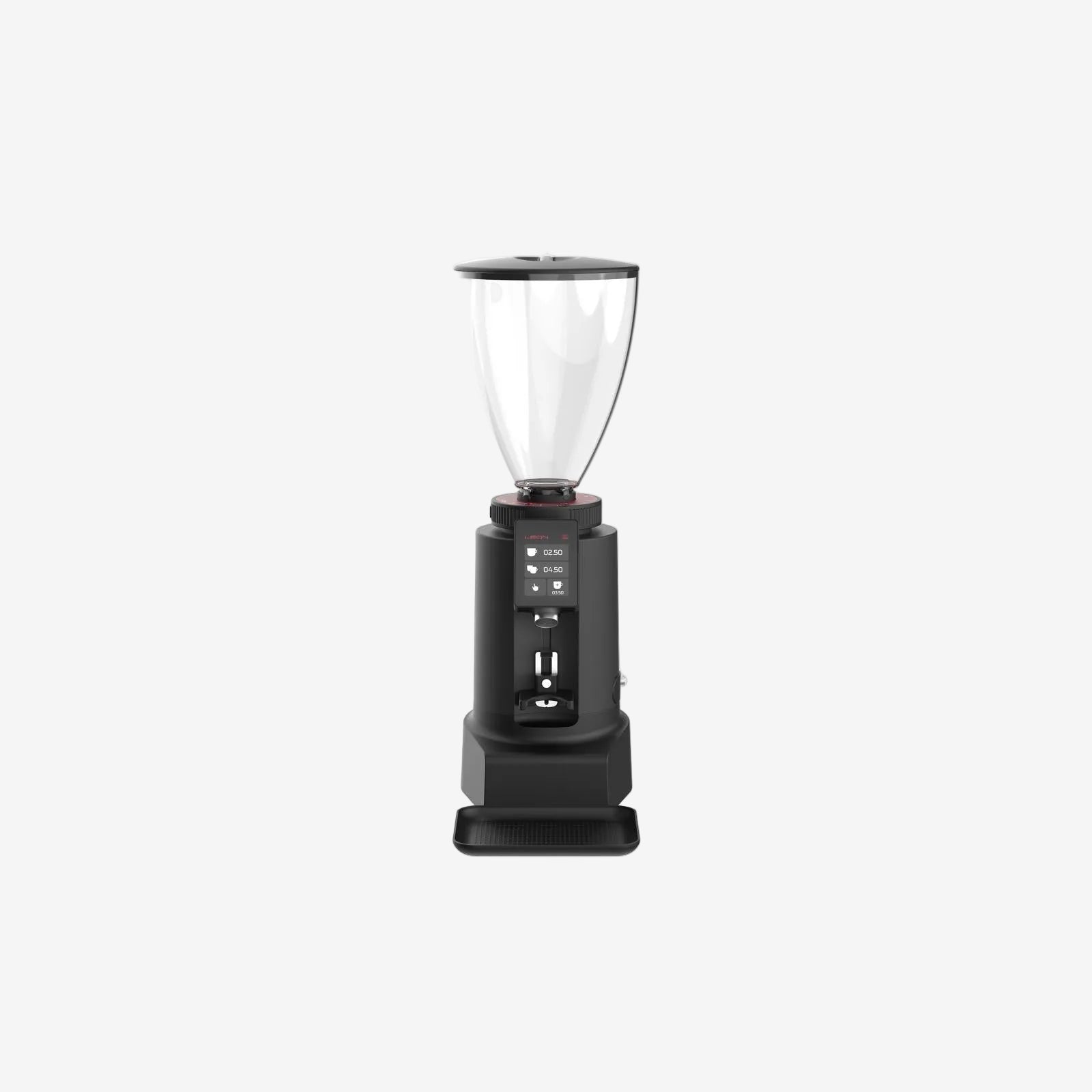 Black coffee grinder with clear container on a white background