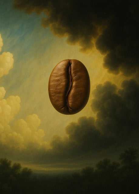 Coffee bean floating in a cloudy sky with a landscape below