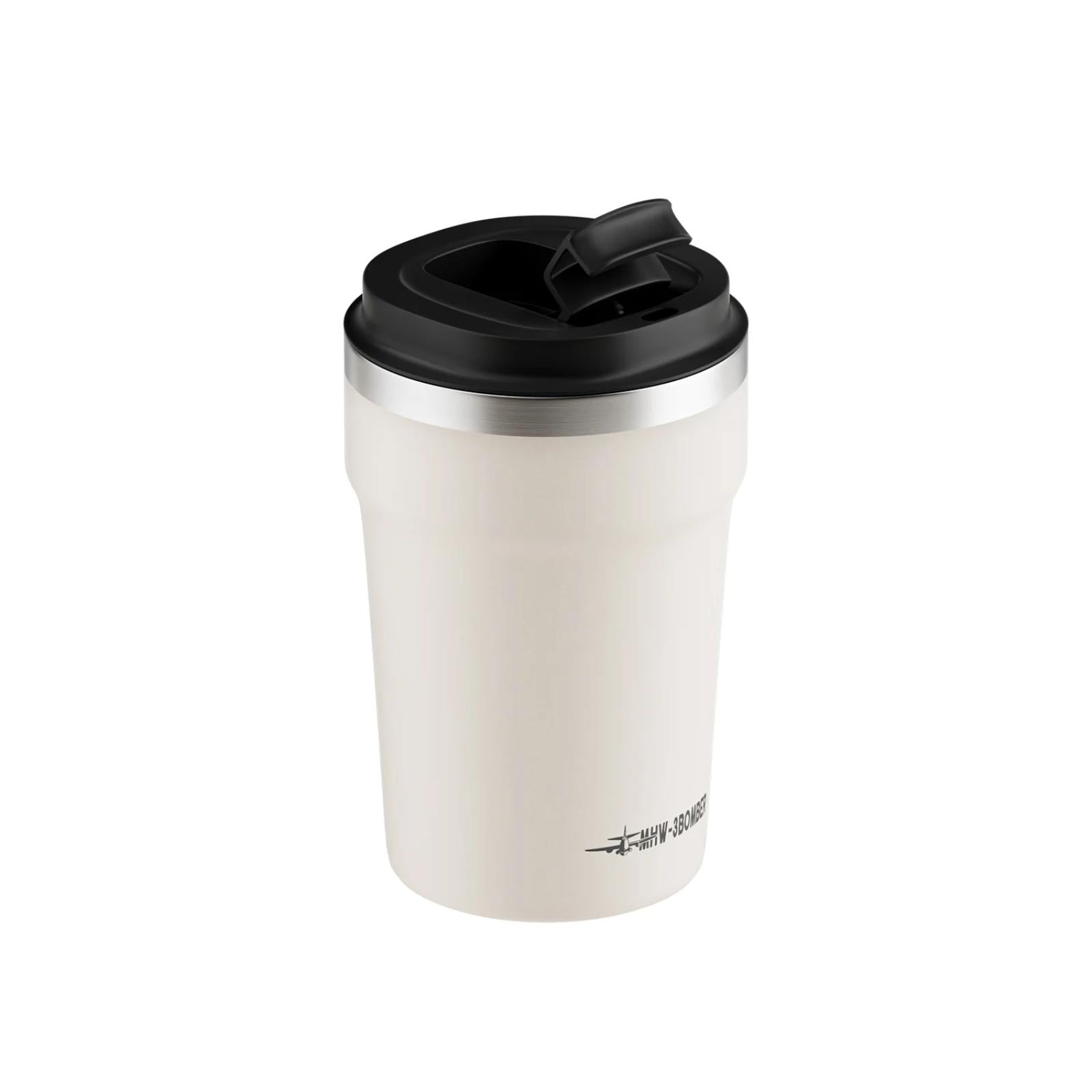 White insulated mug with black lid on a white background