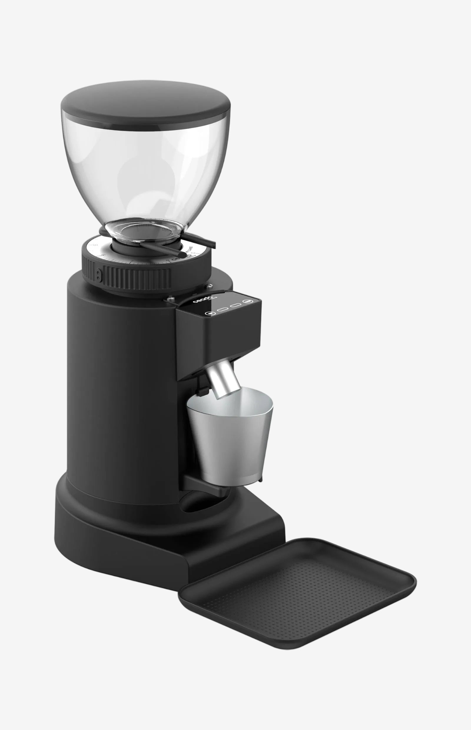 Black coffee grinder with clear container on a white background