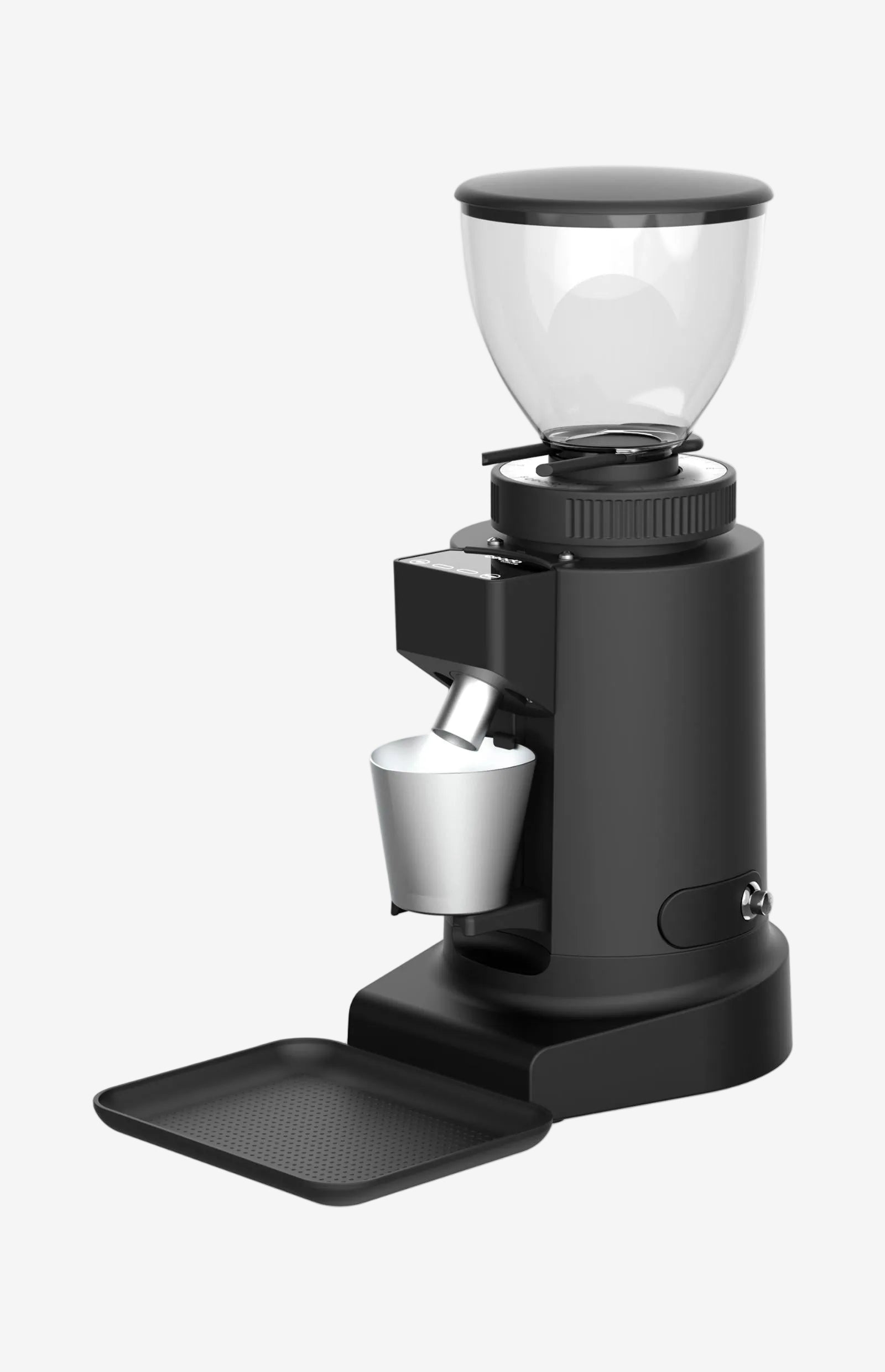 Black coffee grinder with clear container on a white background