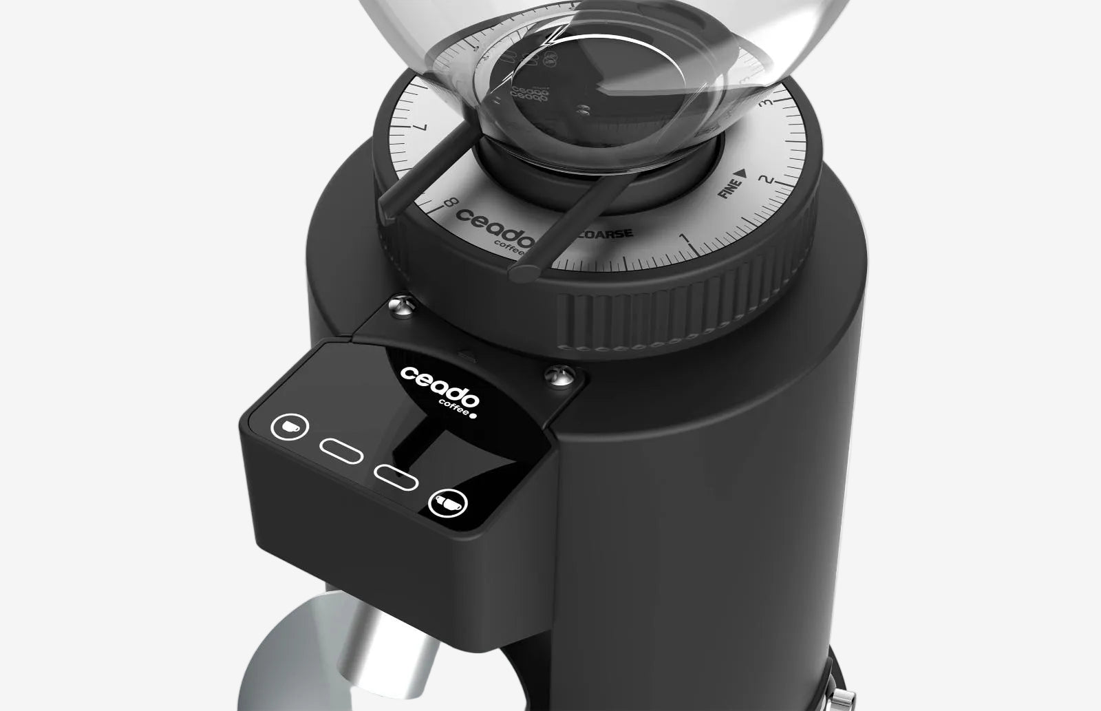 Black coffee grinder with digital display on a white background