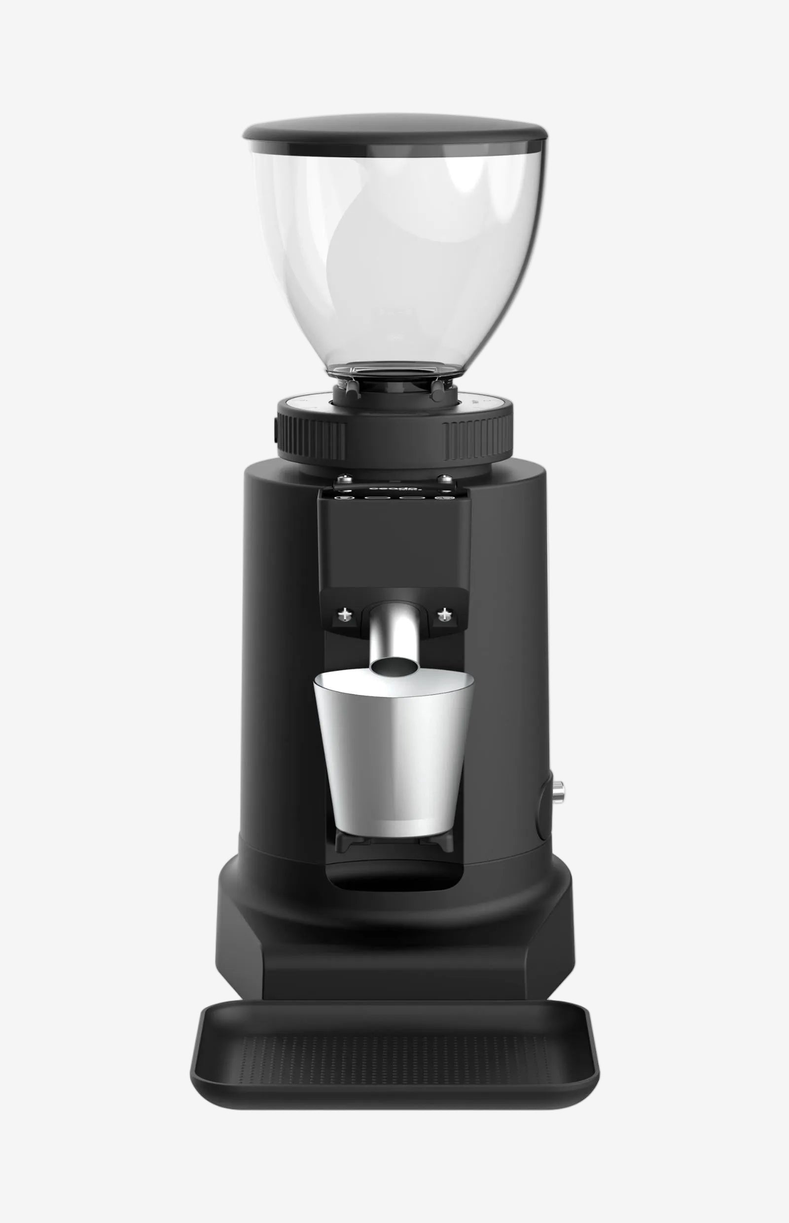 Black coffee grinder with a clear top and silver container on a white background