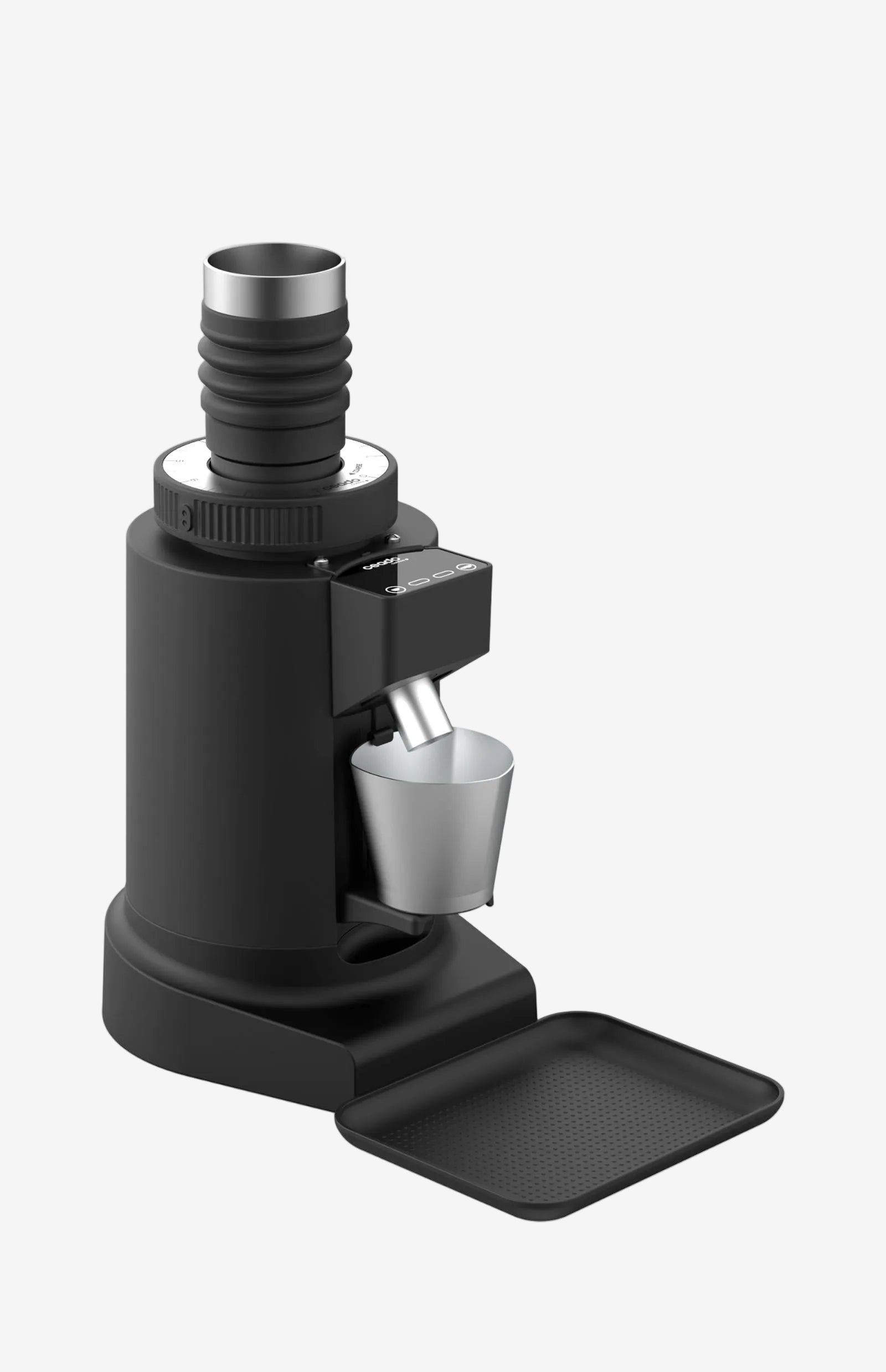 Black and silver coffee grinder on a white background
