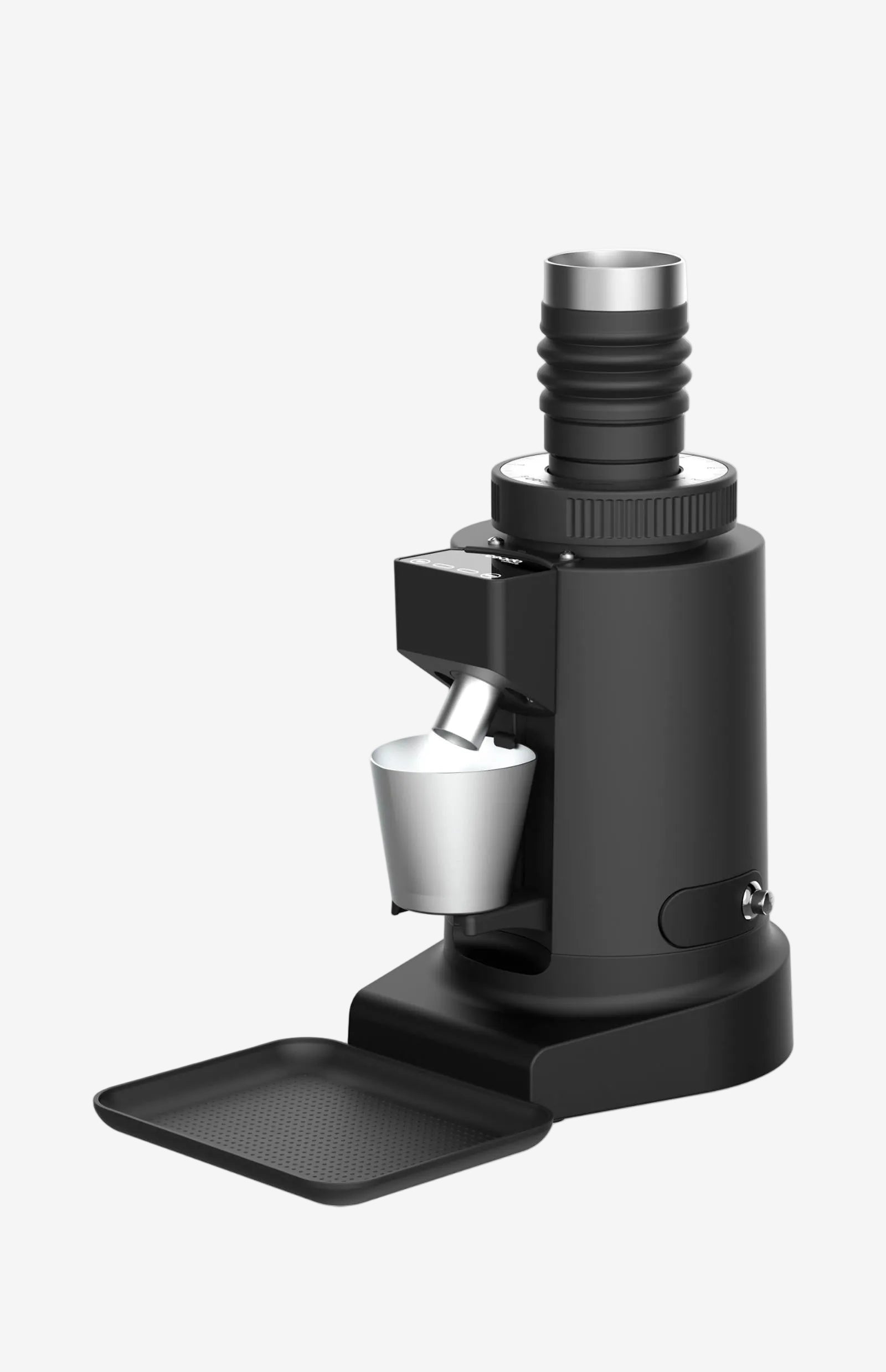 Black handheld coffee grinder with a silver container on a white background