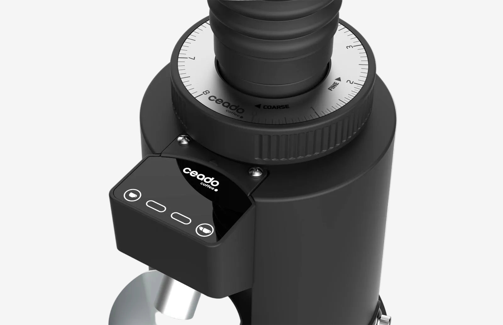 Close-up of a black camera lens with a brand label on a white background