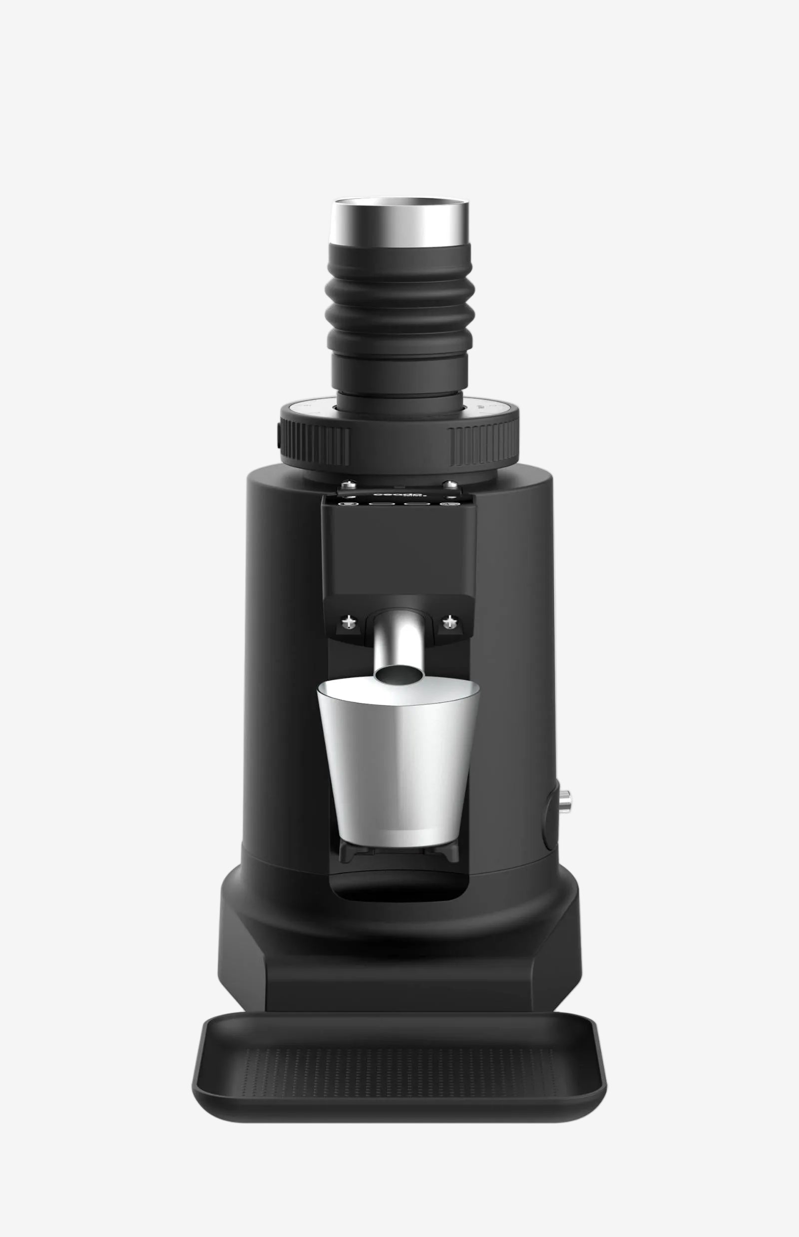 Black coffee grinder with a silver container on a white background