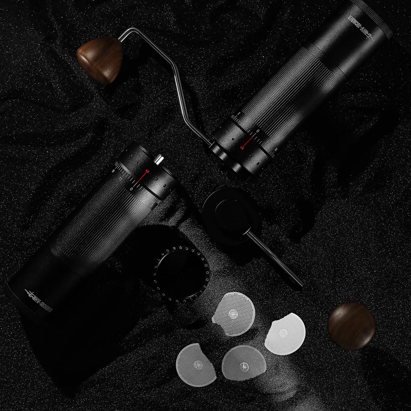 Coffee brewing equipment including a plunger, filter, and coffee beans on a dark surface.